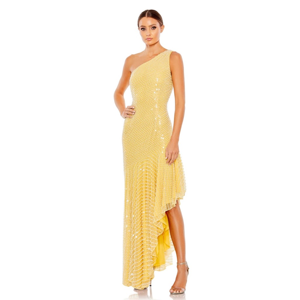 Mac Duggal One shoulder Asymmetrical Hem Beaded Dress Size 12